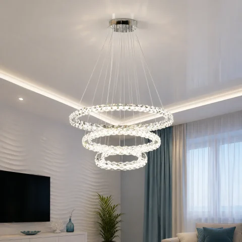 Триярусна хромована світлодіодна люстра Splendid Ray L33152/400+600+800/3 LED (CR) з кришталевими кільцями 40/60/80 см