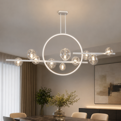 Біла дизайнерська LED-люстра Artlight 1003/10WH з 10 скляними кулями і кільцем, що світиться.