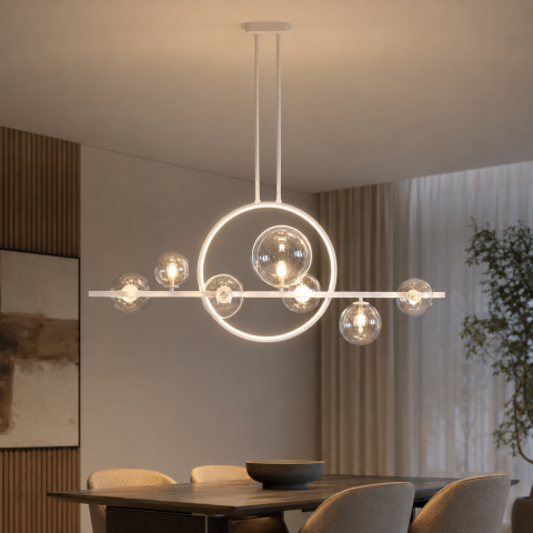Сучасна підвісна люстра Artlight 1003/7WH біла з 7 скляними плафонами та LED-кільцем