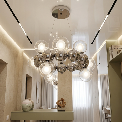 Хромована підвісна люстра Artlight 1117/12 з 12 скляними кулями і LED-кільцем, що світиться.