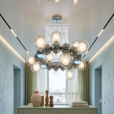 Дизайнерська підвісна люстра Artlight 1117/15 з 15 скляними плафонами-кулями та LED-підсвічуванням