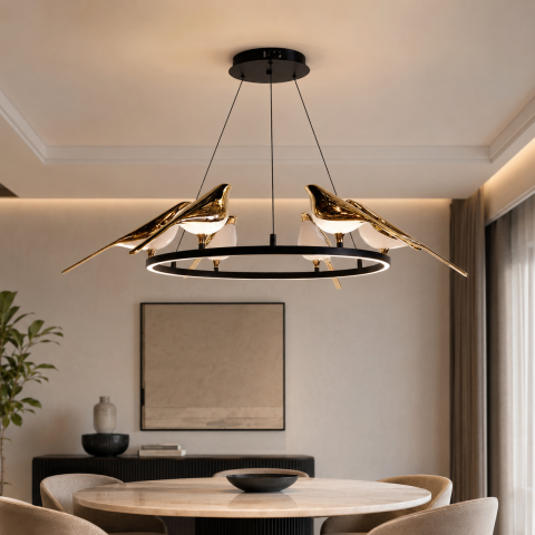 Світлодіодна підвісна люстра Artlight 21130/6GD із шістьма декоративними птахами, 26 Вт, чорний + золото