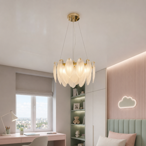Компактна підвісна люстра Artlight 21824-400GD золота кругла на 5 ламп E14 з матовим скляним пір'ям