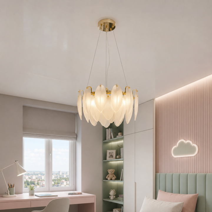 Компактна підвісна люстра Artlight 21824-400GD золота кругла на 5 ламп E14 з матовим скляним пір'ям Компактна підвісна люстра Artlight 21824-400GD золота кругла на 5 ламп E14 з матовим скляним пір'ям