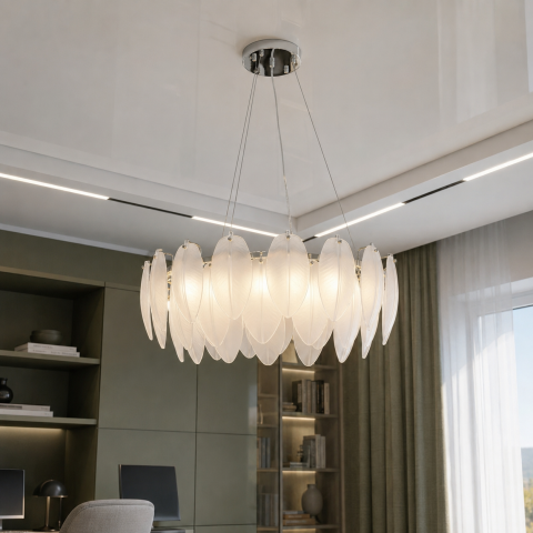 Сучасна люстра підвісна Artlight 21824-600CH хромована на 8 ламп E14 з матовим скляним декором у формі пір'я
