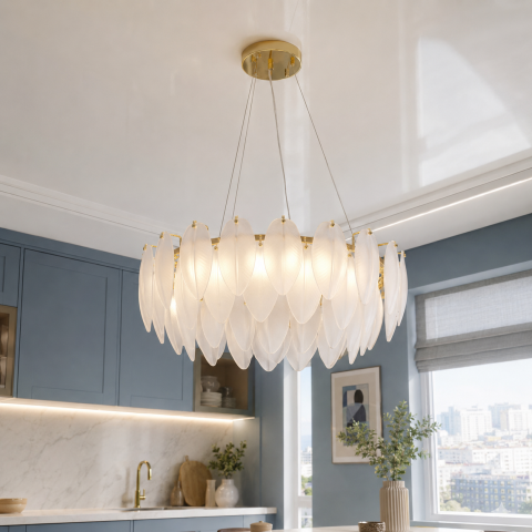 Підвісна кругла люстра Artlight 21824-600GD золота на 8 ламп E14 з декоративним пір'ям з матового скла.