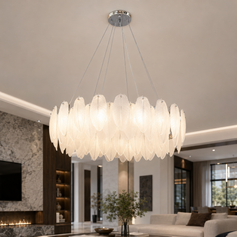 Велика підвісна люстра Artlight 21824-800CH хромована кругла на 16 ламп E14 з матовим скляним пір'ям