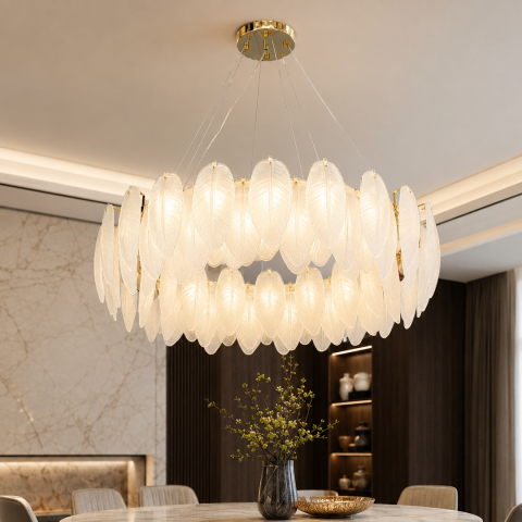 Велика кругла підвісна люстра Artlight 21824-800GD золота на 16 ламп E14 з дворядним декором з матового скла