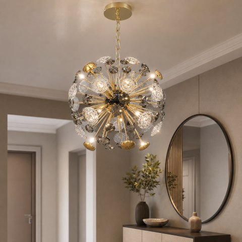 Дизайнерська підвісна люстра Artlight 24402-400GD+BK золотисто-чорна на 8 ламп G4 з прозорим та графітовим склом