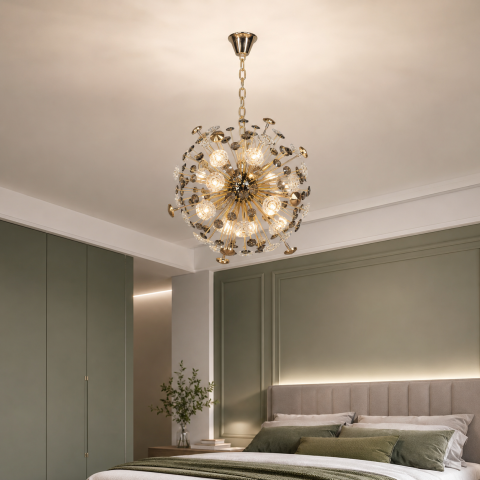Сучасна сферична підвісна люстра Artlight 24402-500GD+BK на 12 ламп G4 золота з чорними та скляними елементами