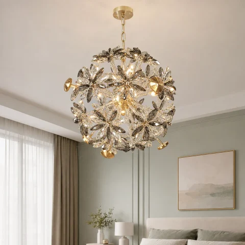 Декоративна підвісна люстра-сфера Artlight 25007-500GD золота на 12 ламп G4 з прозорими та графітовими скляними квітами