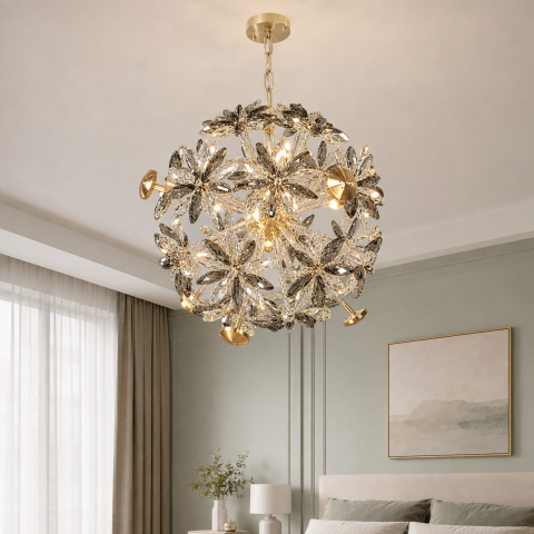 Декоративна підвісна люстра-сфера Artlight 25007-500GD золота на 12 ламп G4 з прозорими та графітовими скляними квітами Декоративна підвісна люстра-сфера Artlight 25007-500GD золота на 12 ламп G4 з прозорими та графітовими скляними квітами