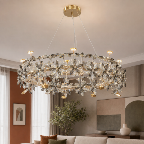 Велика кільцева люстра підвісна Artlight 25028-750GD золота на 16 ламп G4 зі скляним квітковим декором Велика кільцева люстра підвісна Artlight 25028-750GD золота на 16 ламп G4 зі скляним квітковим декором