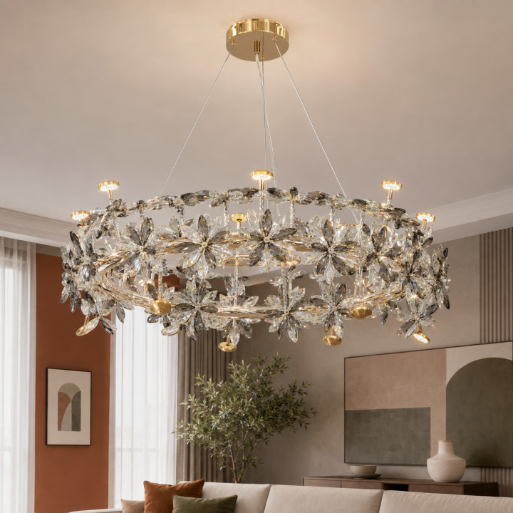 Велика кільцева люстра підвісна Artlight 25028-750GD золота на 16 ламп G4 зі скляним квітковим декором Велика кільцева люстра підвісна Artlight 25028-750GD золота на 16 ламп G4 зі скляним квітковим декором