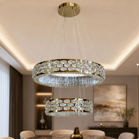 Світлодіодна підвісна кришталева люстра Artlight 3042-60+40GD з двома кільцями, 135W
