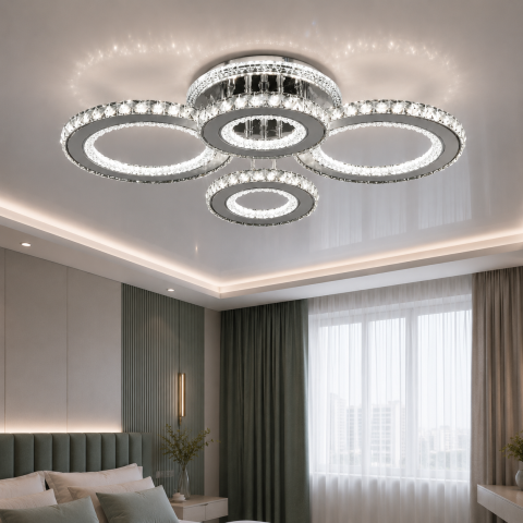 Сучасна світлодіодна люстра Splendid Ray LK2369/2+2 LED WT з кільцевим дизайном і кришталевим оздобленням