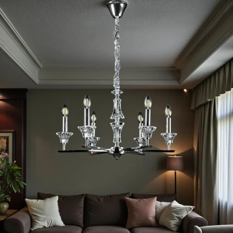 Підвісна люстра-свічка Splendid Ray L9051/6 (SILVER), хрусталева, 6 ламп E14, Ø62 см, хром