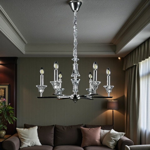 Підвісна люстра-свічка Splendid Ray L9051/6 (SILVER), кришталева, 6 ламп E14, Ø62 см, хром