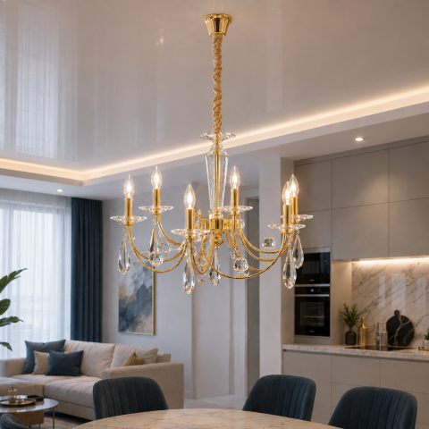 Класична люстра-свічка Splendid Ray L9014/8 (SGD) для вітальні, спальні та зали, 8 ламп, патрон Е14, золото/білий, 77 см