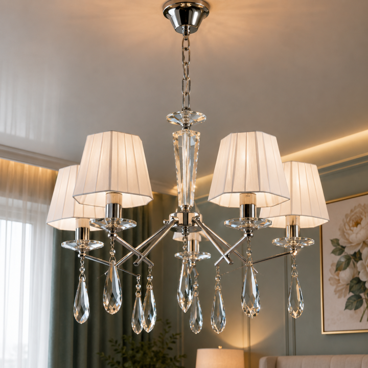 Елегантна підвісна люстра Splendid Ray L89302/5 SL з білими абажурами та кришталевим декором Елегантна підвісна люстра Splendid Ray L89302/5 SL з білими абажурами та кришталевим декором