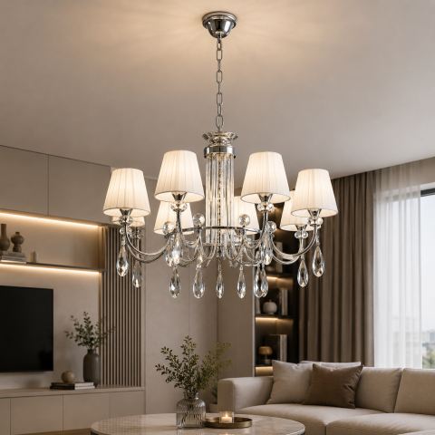 Класична підвісна люстра Splendid Ray L89331/8 (SL) з абажурами, 8 ламп, патрон Е14, хром/білий,