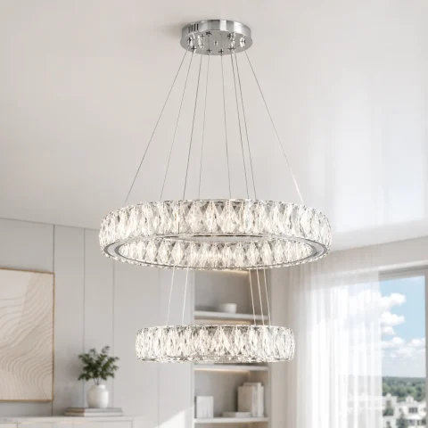 Підвісна світлодіодна люстра Splendid Ray L8015/400+600/2 LED (CH+clear) — 2 кільця, хром/білий, 55–125 см, Ø 40–60 см Підвісна світлодіодна люстра Splendid Ray L8015/400+600/2 LED (CH+clear) — 2 кільця, хром/білий, 55–125 см, Ø 40–60 см