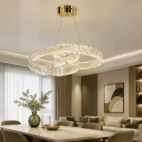 Золота підвісна кришталева LED-люстра Artlight 531/600GD у вигляді переплетених каблучок, 153 Вт, від 16-25 м²