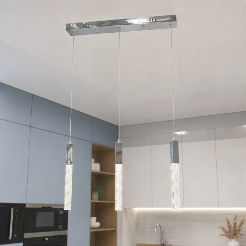Лінійна срібляста LED люстра на 3 прозорі підвіси Artlight 2350/3SL над столом Лінійна срібляста LED люстра на 3 прозорі підвіси Artlight 2350/3SL над столом