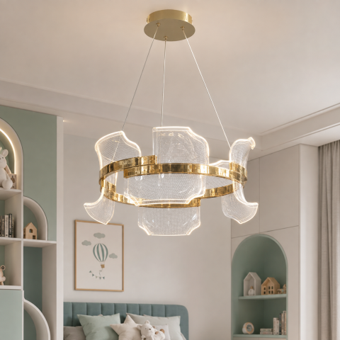 Підвісна світлодіодна люстра Artlight 512162/400GD золота з фігурним прозорим акриловим розсіювачем та трьома режимами світла
