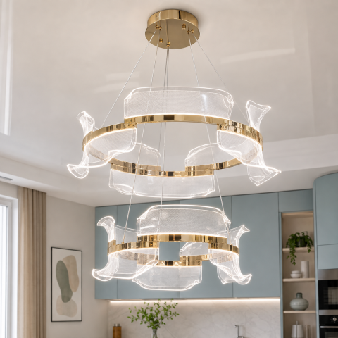 Двоярусна підвісна LED-люстра Artlight 512162/60+40GD золота з двома кільцями та прозорими акриловими розсіювачами
