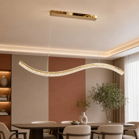 Сучасна підвісна LED-люстра Artlight 523-1200-1-D-GD золота лінійна хвиля з кришталем, пультом та регулюванням яскравості