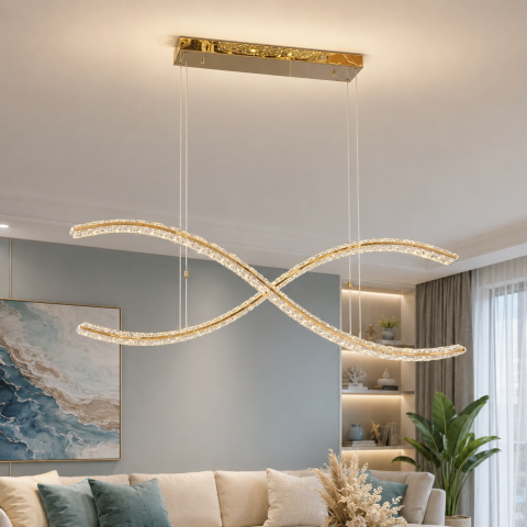 Дизайнерська підвісна LED-люстра Artlight 523-1200-2-C-GD золота з подвійною кришталевою хвилею, пультом та димером