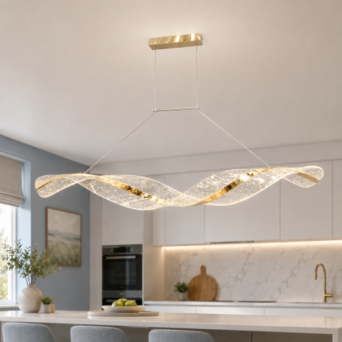Підвісна лінійна LED-люстра Artlight 5341-1200L-GD золота подвійна хвиля з прозорим акрилом та блискітками