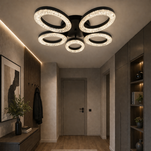 Сучасна стельова LED люстра Diasha 5607/5BK чорна з пультом 53W 56 см до 16 м2