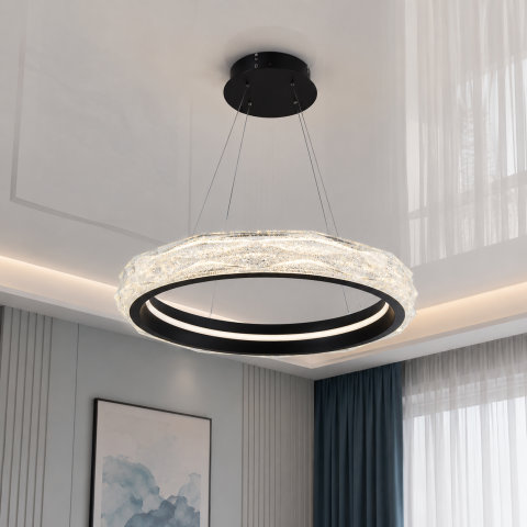 Підвісна LED-люстра Diasha 583-500BK для кухні, спальні та вітальні з акриловим кільцем, пультом, 84 W, 50 см, 10-18m2