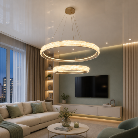 Стильна підвісна LED-люстра для кухні-студії Diasha 583-800+500G золото, 2 кільця, 200 Вт, 80 см, до 30 м2