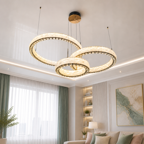 Сучасна підвісна LED-люстра Diasha 662/800+600+400GD золото, 3 кільця, 195W, 140 см, 20-35m2