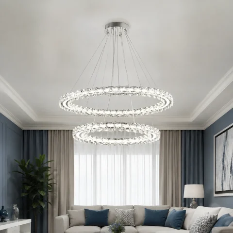 Двоярусна хромована світлодіодна люстра Splendid Ray L33152/600+800/2 LED (CR) з кришталевими кільцями 60 і 80 см