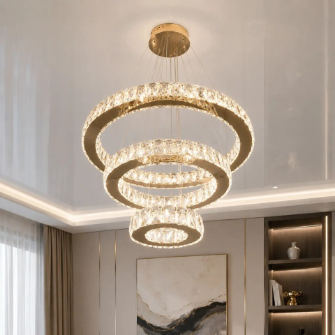 Кришталева LED люстра Linisoln 7201F/650+450+250 FG у золоті, 3 кільця, 140 W