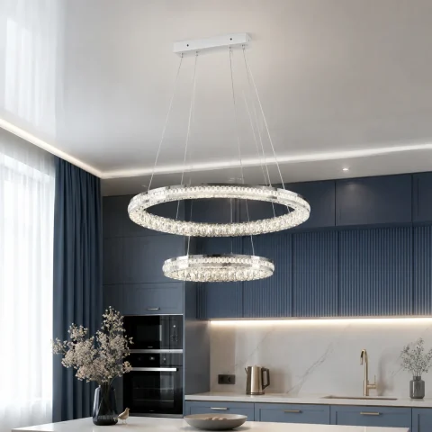 Підвісна двоярусна хромована LED-люстра Splendid Ray L50503J/600+400/2 LED з кришталевими кільцями 60 та 40 см