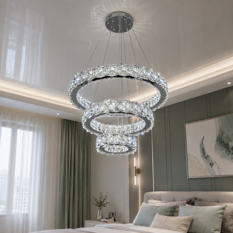 Підвісна LED люстра Diasha 7895/600+400+200CH з кришталем, хром, 70 W, з пультом, освітлення 10-20 м2