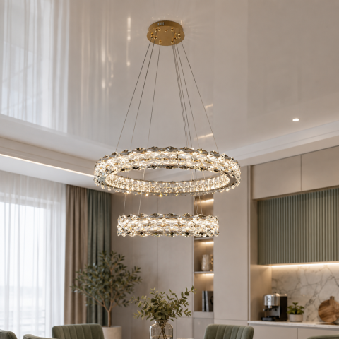Підвісна LED люстра Diasha 7895/600+400S-gold з кришталем, золото, 54 W, з пультом, освітлення 10-18 м2