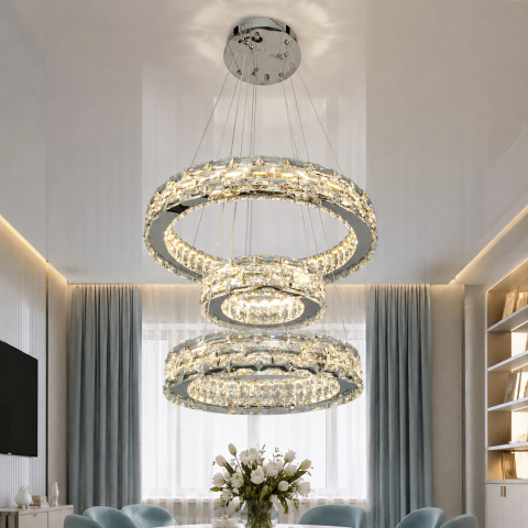 Підвісна LED-люстра Diasha 7896/500+400+300CH з трьома кришталевими кільцями, пультом, 70 W, CH, 53 см, 12-20m2