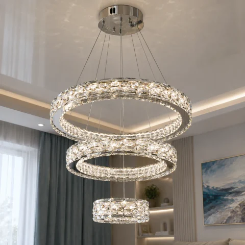 Подвесная LED-люстра Diasha 7896/600+400+200CH с тремя хрустальными кольцами, пультом
