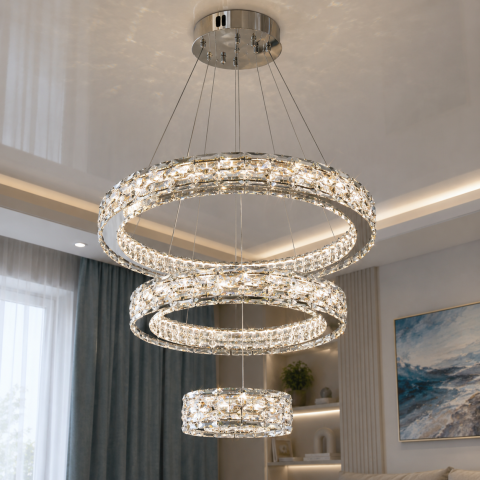 Підвісна LED-люстра Diasha 7896/600+400+200CH з трьома кришталевими кільцями, пультом, 70 W, CH, 59 см, 12-20m2
