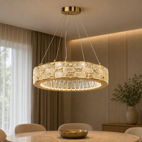 Світлодіодна люстра підвісна Artlight 8003/500GD з прозорим скляним кільцем в золотому кольорі, 38W Світлодіодна люстра підвісна Artlight 8003/500GD з прозорим скляним кільцем в золотому кольорі, 38W