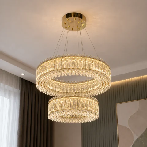 Кришталева підвісна LED люстра Diasha 8693-600+400GD з кришталевими кільцями в золоті Кришталева підвісна LED люстра Diasha 8693-600+400GD з кришталевими кільцями в золоті