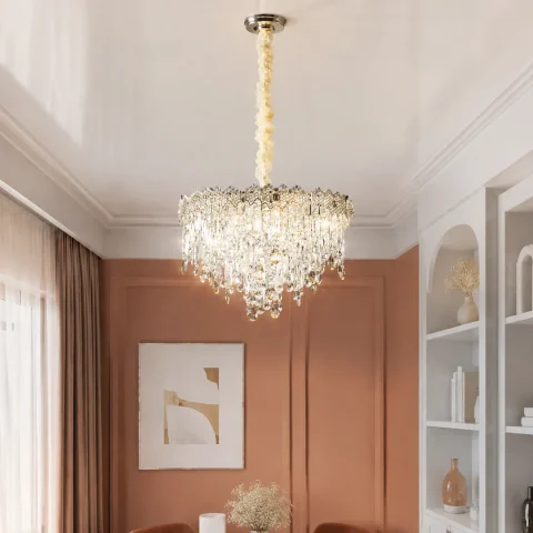 Золота підвісна люстра з кришталевим декором Splendid Ray L2190/480*H360/10, 48 см на 10 ламп E14 з каскадом