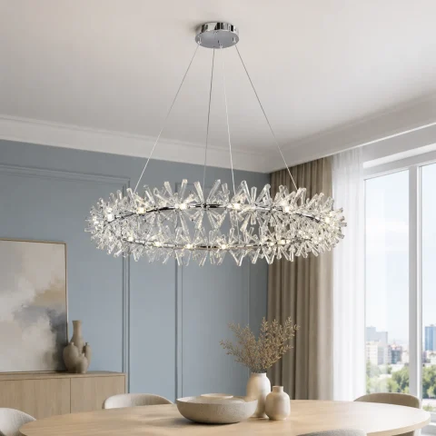 Кругла кришталева люстра Artlight 8559/800CH на 30 ламп G4 із прозорими призматичними елементами