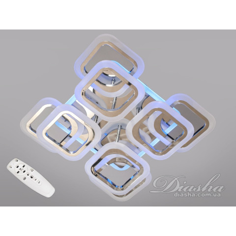 Люстра стельова LED Diasha HAS8060/4+4HR, 110W, 3200K-6500K, хром, хай-тек стиль, з пультом, диммером, підсвіткою